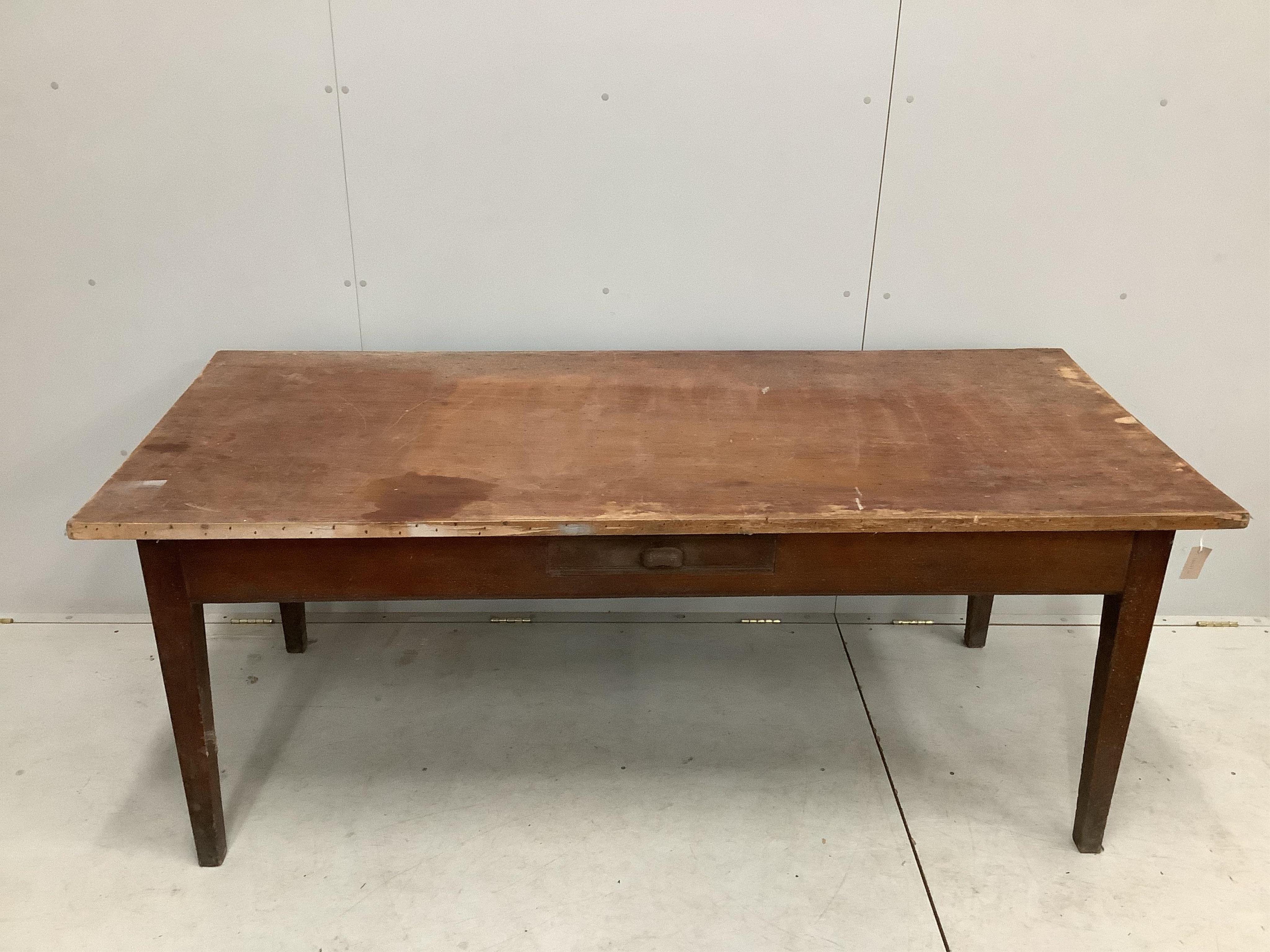 A French farmhouse kitchen table with two drawers, width 197cm, depth 85cm, height 78cm. Condition - poor